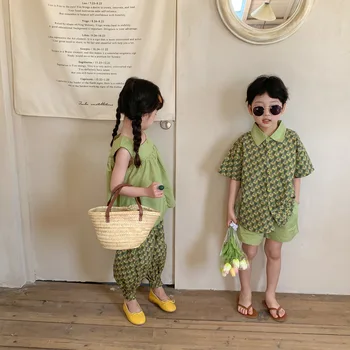 Summer Boy Girl Matching Clothes Brother Sister Floweral trumpomis rankovėmis šortai 2vnt Suit Twins Siblings Outfits Children Sets - Nuotrauka 2  
