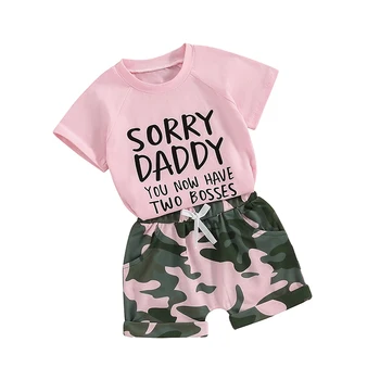 Mandizy Toddler Baby Girl Vasariniai drabužiai 2T 3T 4T 5T Kids Girl Laiškų trumpomis rankovėmis Spausdinti marškiniai Tops Camo šortų komplektas Apranga - Nuotrauka 2  