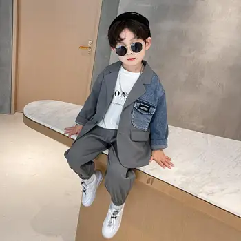 2023 Fashion Boys Spring Autumn Formal Blazer Set Korean Casual Clothing Suit Flower Boy Performance Kostiumas Vaikiškas paltas ir kelnės - Nuotrauka 2  