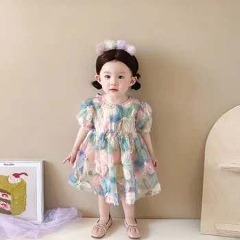 Nauja suknelė kūdikiams Vaikiškų drabužių vakarėlis Princesė trumpomis rankovėmis Gėlių tiulis Mergaitės Vaikai Vestuvės Gimtadienio suknelės - Nuotrauka 2  