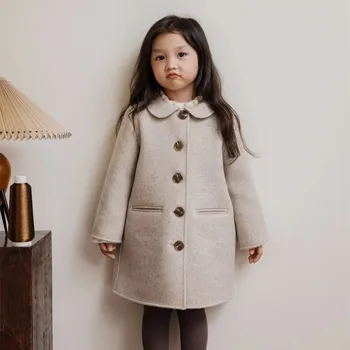 kids šiltas paltas kūdikių mergaičių drabužiai Grynas rankų darbo aukštos kokybės dvipusis vilnonis paltas - Nuotrauka 2  