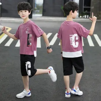 Boys Summer Fashion Cotton Short Suits 4 6 8 10 12 Years Boys Korean Style marškinėliai+Šortai Kelnės 2vnt Komplektai Vaikiški drabužiai - Nuotrauka 2  