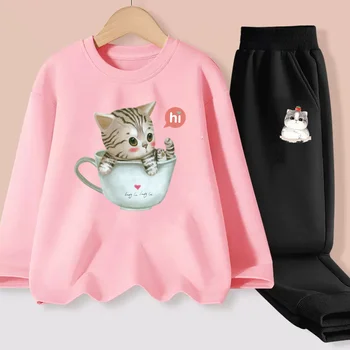 Aimi Lakana Vaikų pavasario rinkiniai Taurė Cat Kitty marškinėliai Merginos drabužiai ilgomis rankovėmis Laisvalaikio animacinių suknelių kostiumas - Nuotrauka 2  