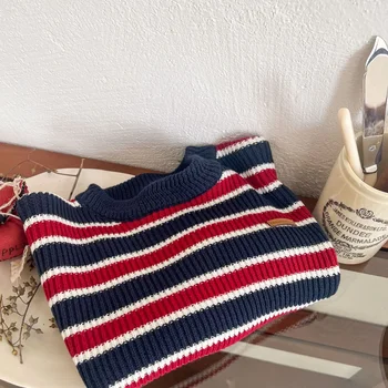 Vaikiškas megztinis 2023 Rudens naujas berniukų ir mergaičių kontrastas Spalvotas dryžuotas megztinis Kūdikių ženklinimas Megztinis Banga - Nuotrauka 2  