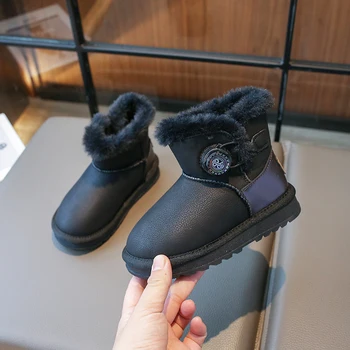 Vaikiški odiniai sniego batai mergaitėms Berniukas Kulkšnis Žieminių batų mygtuko dizainas 2023 m Vaikiški šilti kailiniai gremėzdiški batai lauke 26-36 Juoda - Nuotrauka 2  