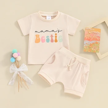 Baby Girl Short Sets Summer Mama s Bestie marškinėlių viršūnės Vienspalviai šortai 2Vnt Drabužių apranga - Nuotrauka 2  