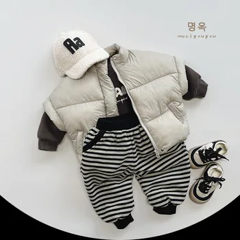 2023 Korėjos žiemos vaikai berniukų kelnės medvilninis aksomas storas dryžuotas mažylis berniuko kelnės Universalios laisvalaikio kūdikio berniuko jogger kelnės - Nuotrauka 2  