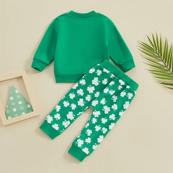 Mažylio kūdikių kelnių komplektai Megztinio kelnės Shamrocks Žali sportinio kostiumo aprangos drabužiai - Nuotrauka 2  