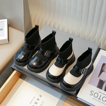 Mergaičių trumpi batai Nauja vaikų mada Megztas sujungtas juodas aksomas Šiltos žieminės kojinės Batai Mergaičių universalūs odiniai batai - Nuotrauka 2  