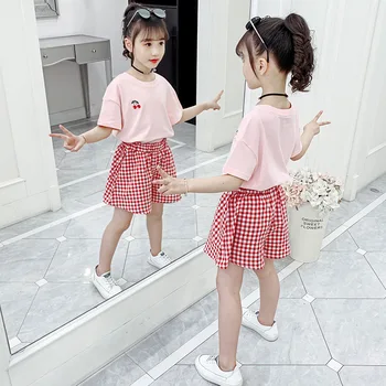 Korėjos vaikų drabužiai 2023 Vasara 2vnt Kostiumas Junior Girl marškinėliai O-Neck Tops Elementary Girl Shorts Kelnės Teen Girl Komplektai - Nuotrauka 2  