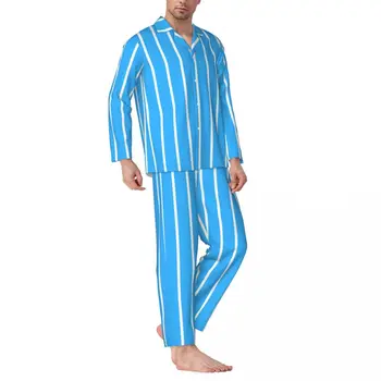 Vertikalūs dryžuotų pižamų rinkiniai Mėlyna ir balta Kawaii miego drabužiai ilgomis rankovėmis Kasdienis 2 vnt. Naktiniai drabužiai Didelis dydis XL 2XL - Nuotrauka 2  