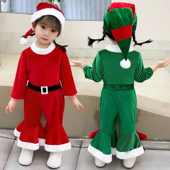 Vaikai Kalėdiniai drabužiai Baby Girls Boys Cosplay kostiumas Vaikiški suknelės Vakarėlio drabužiai Raudona žalia ilgomis rankovėmis Komplektai plius Aksominė Ropa - Nuotrauka 2  
