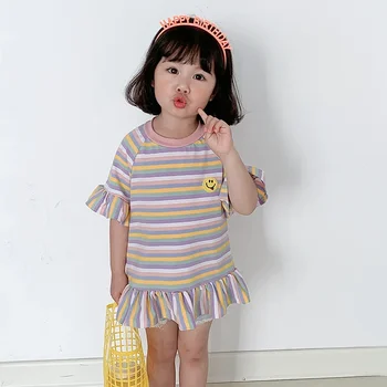 Vasaros lotoso rankovėmis Mergaičių suknelė Korėjietiško stiliaus Dryžuotas sijonas trumpomis rankovėmis Vaikiškas sijonas - Nuotrauka 2  