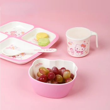 Hello Kitty Baby Tableware Set Cute Kids Bowl Plate Feeding Food Tableware Melamine Anti-Hot Training Plate Dinner Gifts - Nuotrauka 2  