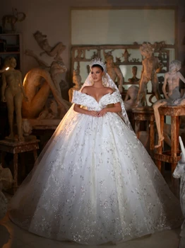 Grakšti nuo peties vestuvinė suknelė Blizgantys blizgučiai Nuotakos suknelė Prabangus kamuolinis chalatas Ilgas nuotakos chalatas Vestidos De Novia - Nuotrauka 2  