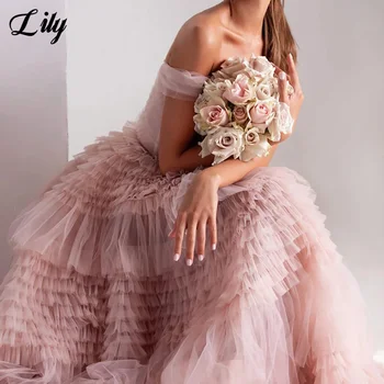 Lily Pink Net Oficiali suknelė Pakopinis sluoksnis Suknelė be petnešėlių vestuvėms nuo peties Ypatinga proga Suknelės chalatas Soirée - Nuotrauka 2  