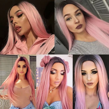 EASIHAIR Ombre Black Pink Ilgi tiesūs sintetiniai perukai su kirpčiukais Rožinis Lolitos plaukų perukas moterims Cosplay karščiui atsparus pluoštas - Nuotrauka 2  