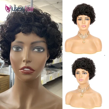 Pixie Cut Short Curly Human Hair Wig for Black Women Afro Kinky Curly Wave Deep Wave Short Black Brown Color Wig Full Machine - Nuotrauka 2  