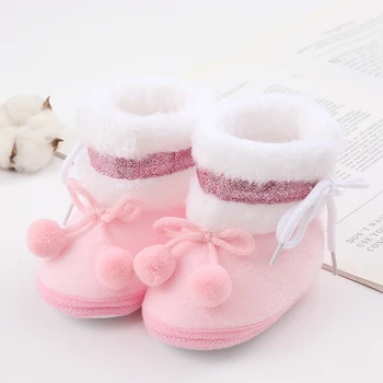 Baby Plush Boots Infant Girls Boys Bobbles Bow Non-Slip Soft Sole First Walker Winter Warm Crib Batai - Nuotrauka 2  