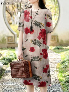 ZANZEA Bohemain Vintage Suknelė trumpomis rankovėmis Moterys Sundress Vintage Summer Floral Printed Dress Casual O Neck Vestidos Robe Femme - Nuotrauka 2  