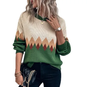 Karšta mada Stilingos moterys Kontrastingos spalvos megztinis Rudens laisvi O Kaklo marškinėliai Megztiniai Kasdieniai drabužiai - Nuotrauka 2  