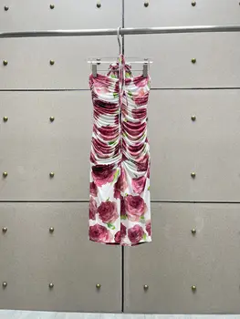 Slim Rose Red Mini suknelė moterims Gėlių spausdinimas Berankovės pasvirojo brūkšnio kaklo raukšlės skylė Nauja aukšta kokybė 2023 - Nuotrauka 2  