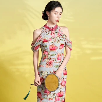 Simeizi HANFU Summer Digger rankovė marginta suknelė virš kelių 2023 m Lieknas romantiškas atostogų stilius Cheongsam - Nuotrauka 2  