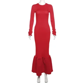 Red Patchwork Ribbed Bodycon Maxi Party Dress Women Elegant Fashion O-Neck Full Sleeve Puffly Hem Long Chabe Kalėdinė apranga - Nuotrauka 2  