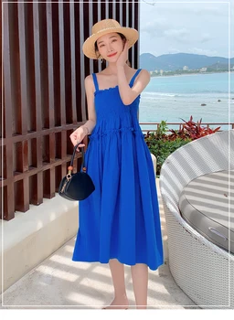 2022 Nauja suknelė nuo peties Vasaros šauni super fėja mėlyna lieknas temperamentas Laisvas sulankstomas juosmuo Paplūdimio sijonas - Nuotrauka 2  