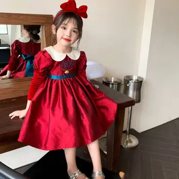 Baby Girl Princess Doll Neck siuvinėta suknelė Pūstomis rankovėmis Child Bow Vintage Vestido Xmas Red Party Gimtadienio baliaus chalatas 2-10Y - Nuotrauka 2  
