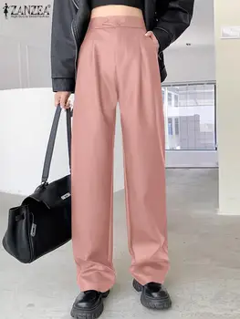 ZANZEA Moterys Aukštu juosmeniu Plesuojančios kelnės Rudens PU odinės ilgos kelnės 2023 Naujos mados kišeniniai pantalonai Korėjietiško stiliaus apačia - Nuotrauka 2  