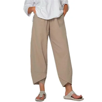 New Summer Women Casual Cotton Linen Baggy Harem Pants Solid Color Loose Kelnės Plus Size Ladies Wide Legs Cropped Pants - Nuotrauka 2  