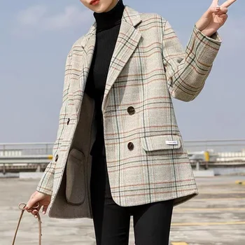 Dvipusis vilnonis paltas moteriškas švarko kostiumas naujo stiliaus pledas laisvalaikio palaidas ol paltas - Nuotrauka 2  