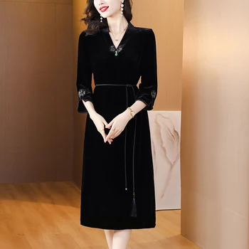 Velvet Midi Vintage Black Prom 2023 Korėjos mada Playa Vestiti Donna rudens žiemos longue vakarinės suknelės - Nuotrauka 2  