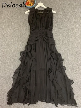Delocah Aukštos kokybės vasaros moterų mados kilimo ir tūpimo tako juoda suknelė aukštu juosmeniu blizganti drapiruota raukinių apdaila Berankovės tanko ilgos suknelės - Nuotrauka 2  