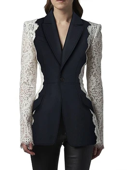 LJHLJX Fashion Women's Blazer New Fashion Notched Nėrinių pleistras ilgomis rankovėmis kontrastinis kostiumas Striukės Moteriškas pavasaris 2024 AH187 - Nuotrauka 2  