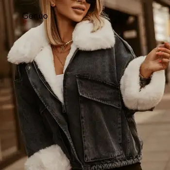 Žieminis laisvas džinsinis švarkas šiltas džinsinis paltas moteriška oversized kailio apykaklė plius aksominės paminkštintos striukės Medvilniniai stori šilti paltai drabužiai - Nuotrauka 2  