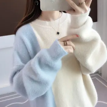 Fashion O-Neck Spliced Loose Casual Sweaters Moteriški drabužiai 2023 Žieminiai oversized megzti korėjietiški megztiniai Asimetriškos viršūnės - Nuotrauka 2  