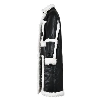 Madingas odinis paltas Ruduo Žiema Naujas aksomas Aukštos klasės juoda Balta Kontrastinė spalva Ilgomis rankovėmis kišeniniai moteriški kailiniai - Nuotrauka 2  