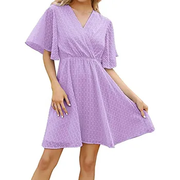 Summer Flowy Chiffon Mini suknelė moterims Vienspalvė raukiniai trumpomis rankovėmis V-Neck Loose Beach Fashion 2023 Vestidos Robe Femme - Nuotrauka 2  