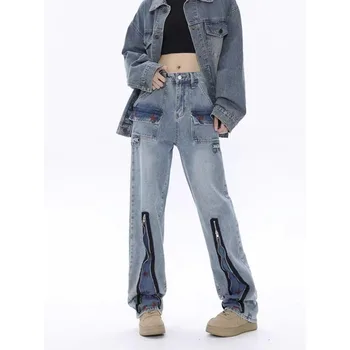 Y2K Oversized High Waist Star Printing Stitching Jean Large Size Fat Girl Women American Style High Street Tooling Wide Leg Ppants - Nuotrauka 2  