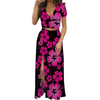 Vasarinės moteriškos žemo kirpimo maxi suknelės suknelės moterims Hibiscus Print Two-Piece Split Dress V-neck Moteriški drabužiai trumpomis rankovėmis - Nuotrauka 2  