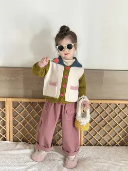 Girl Suit 2023 Naujas rudens žiemos korėjiečių mados stilius Baby Lapel Knitting Cardigan Paltas Velvetinės tiesios kojos Kelnės Dvi dalys - Nuotrauka 2  