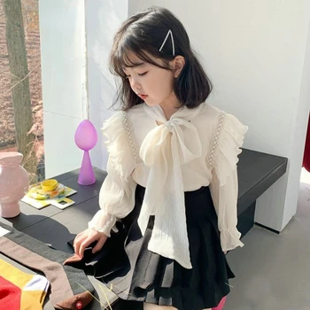 2023 Pavasario korėjiečių elegantiški kūdikių kostiumai Mergaitės liemenė + ilgomis rankovėmis Vaikų viršūnės Rudens nėrinių raukiniai Mieli vaikiški marškiniai Drabužiai 2 to14T - Nuotrauka 2  