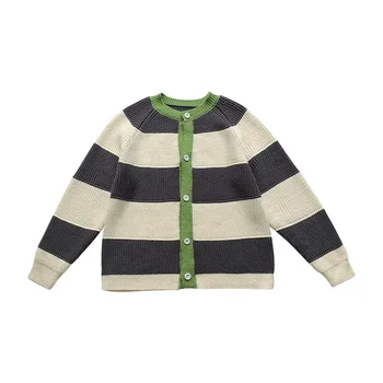Vaikų drabužiai Berniukų megztinis 2024 Pavasaris Naujas madingas korėjietiško stiliaus megztas megztas dryžuotas spalvos derantis berniukų megztinis - Nuotrauka 2  