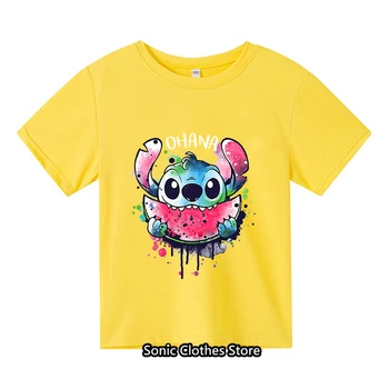 Nauji vasaros marškinėliai Vaikiški Harajuku Top Lilo&Stitch Kawaii Raštas 3-14 metų mergaitė trumpomis rankovėmis Kabanti mada lauke - Nuotrauka 2  